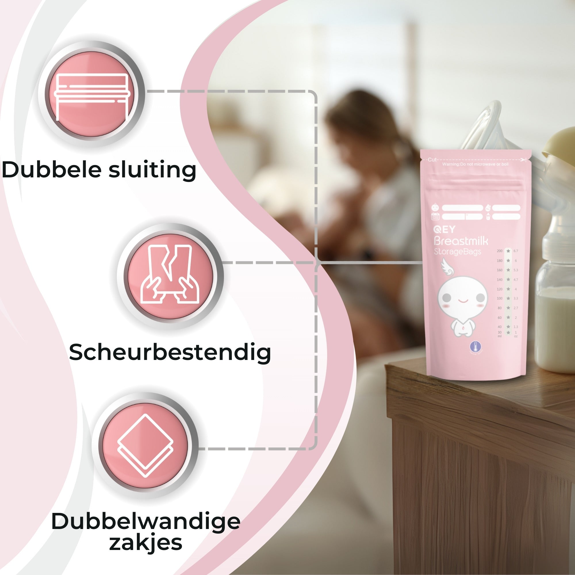 QEY® 120 Stuks Moedermelk Bewaarzakjes Roze