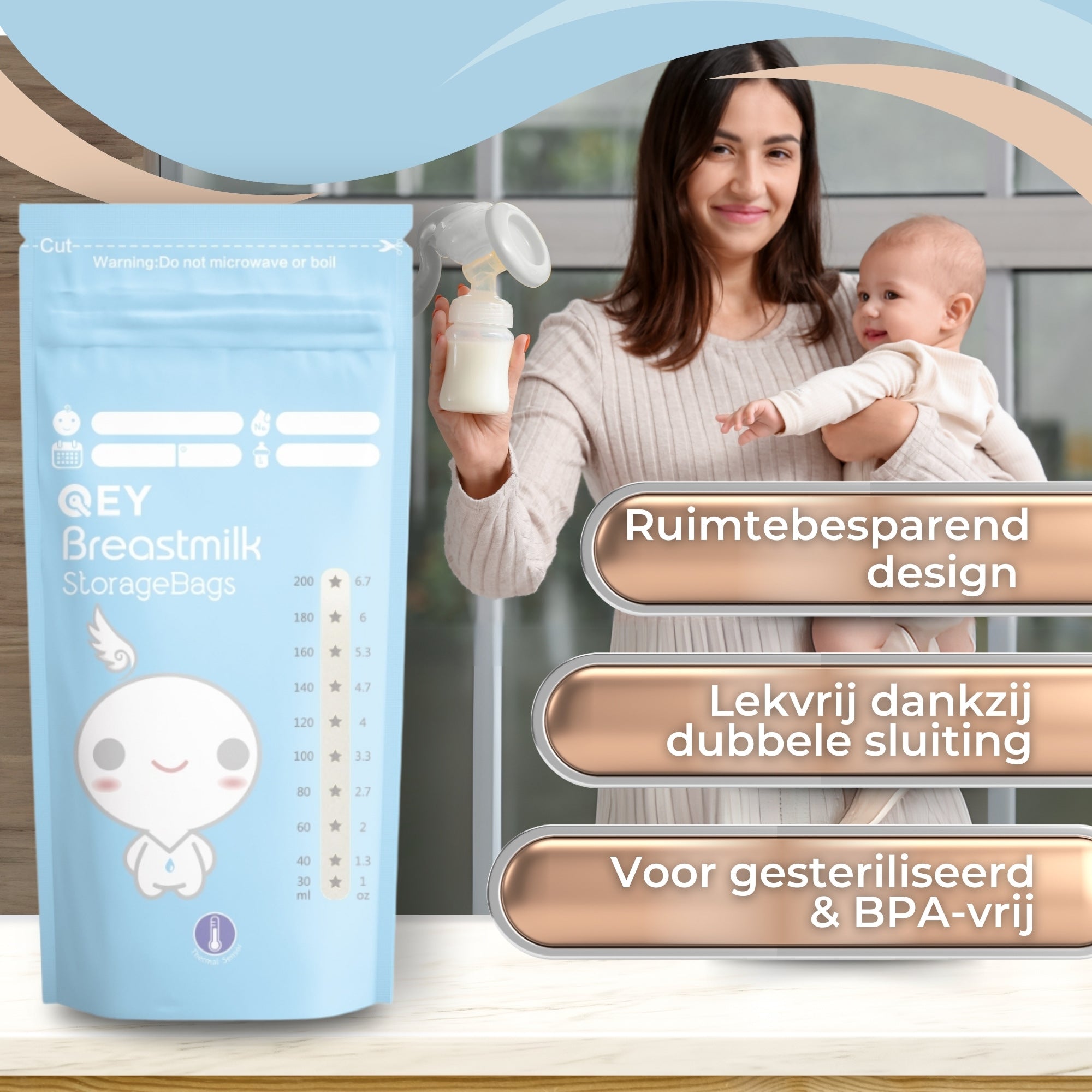 QEY® 120 Stuks Moedermelk Bewaarzakjes Blauw