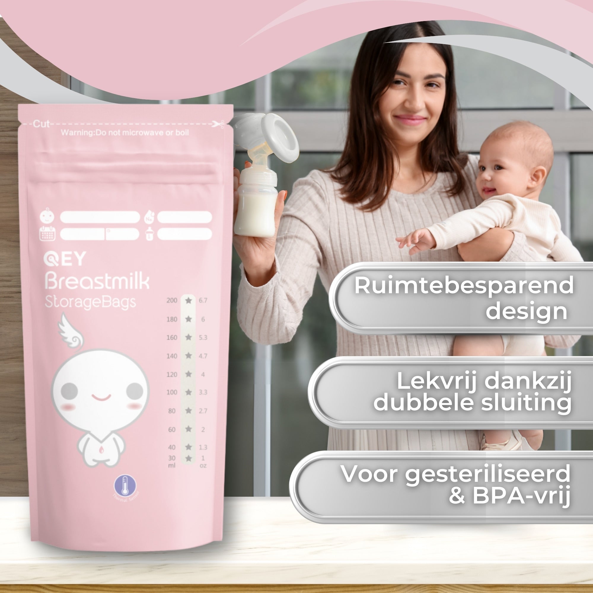 QEY® 120 Stuks Moedermelk Bewaarzakjes Roze