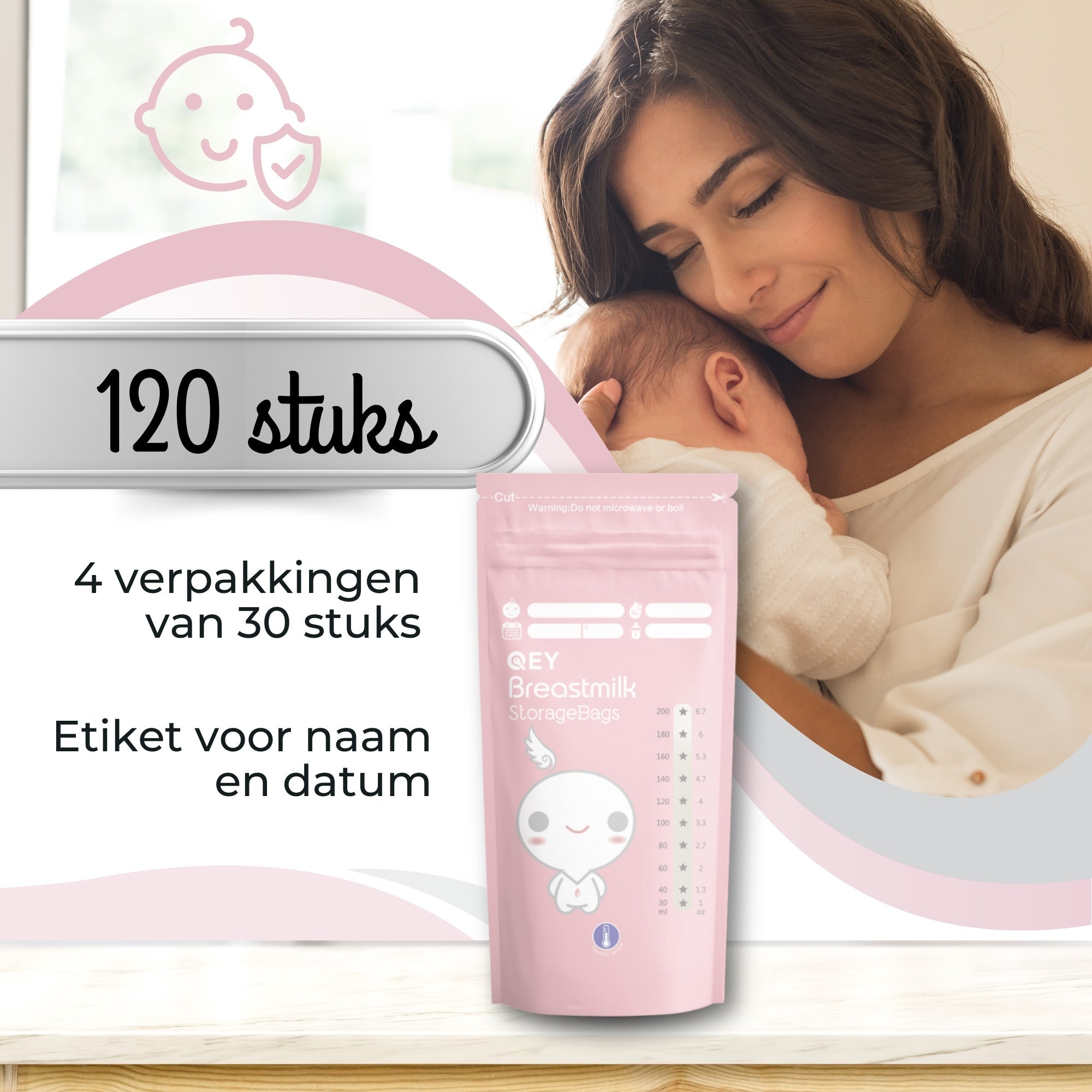 QEY® 120 Stuks Moedermelk Bewaarzakjes Roze
